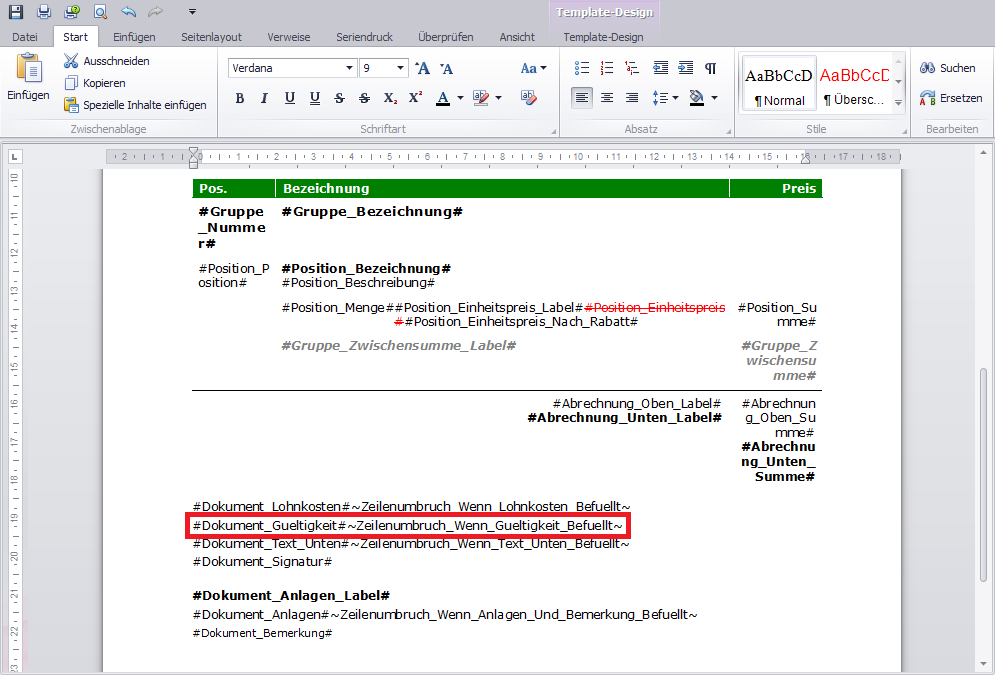 Template-Design für Angebote mit Template-Text zur Gültigkeit