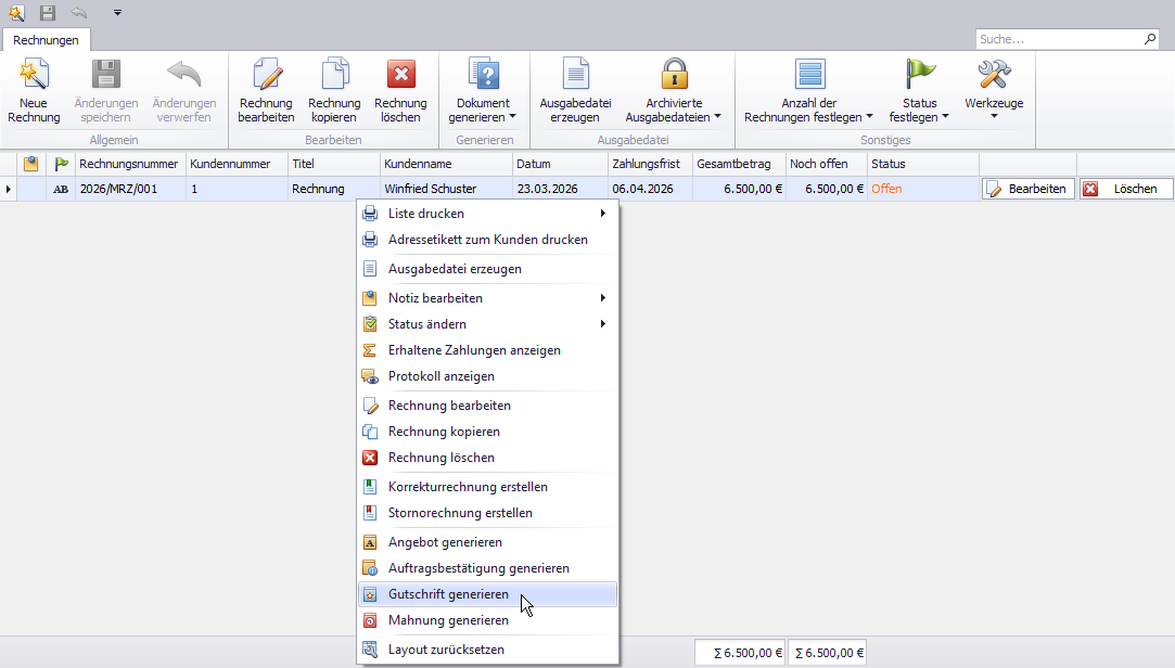 Gutschrift zu Rechnung generieren