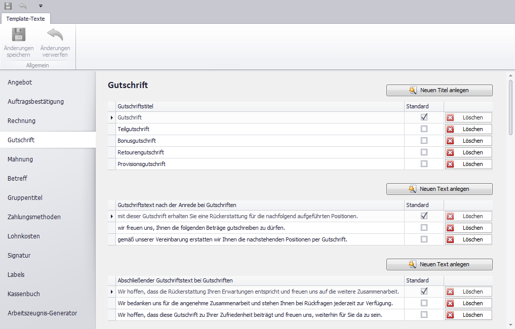 Reiter 'Gutschrift' auf der Seite 'Template-Texte'