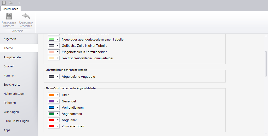 Schriftfarben in der Angebotstabelle